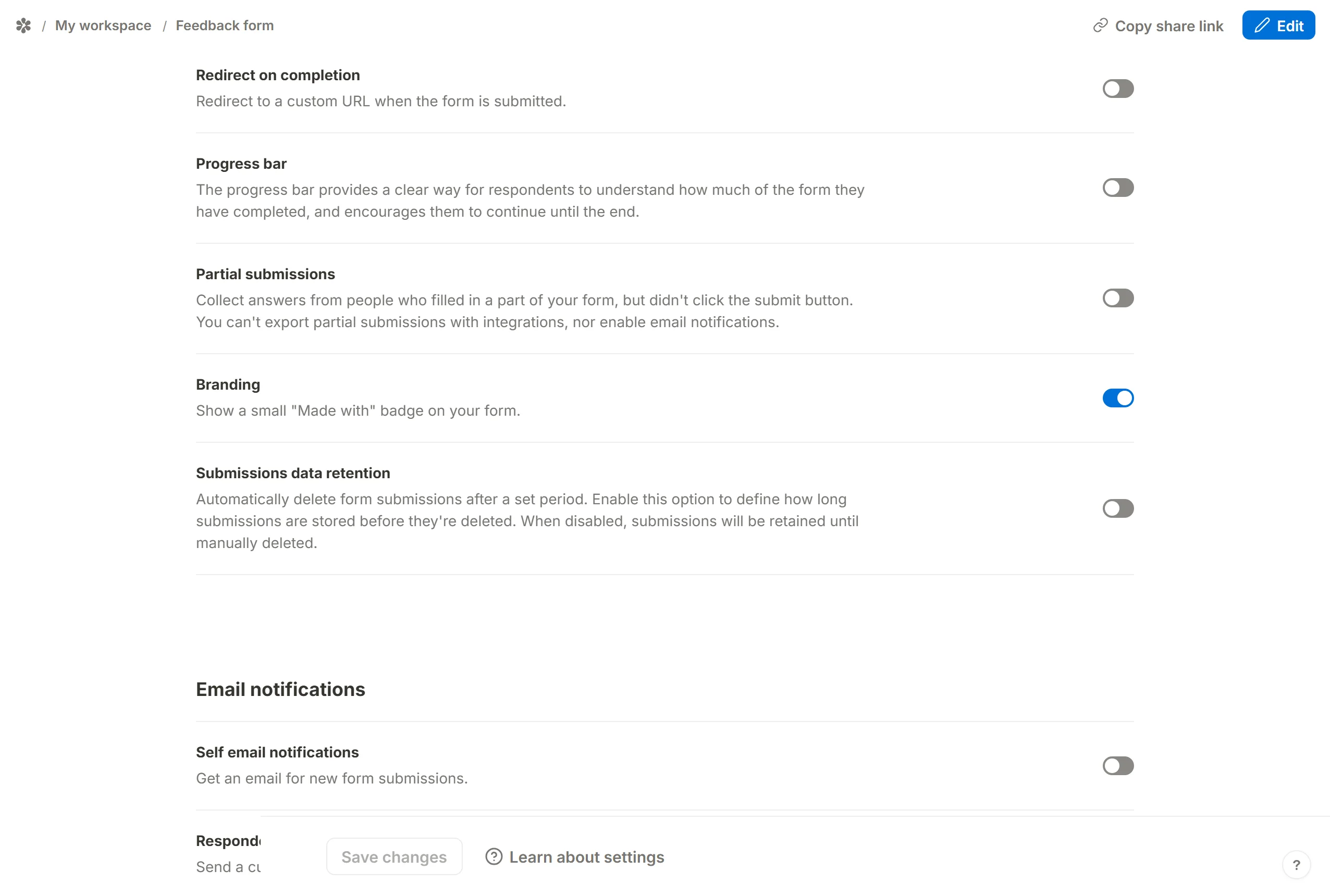 The Submissions data retention row among the other General settings