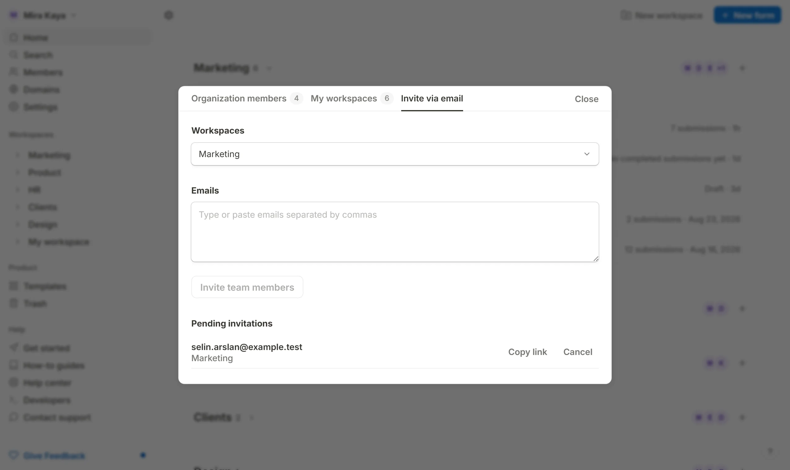 The Invite via email tab, with the Workspaces field that says which workspaces the invitation joins