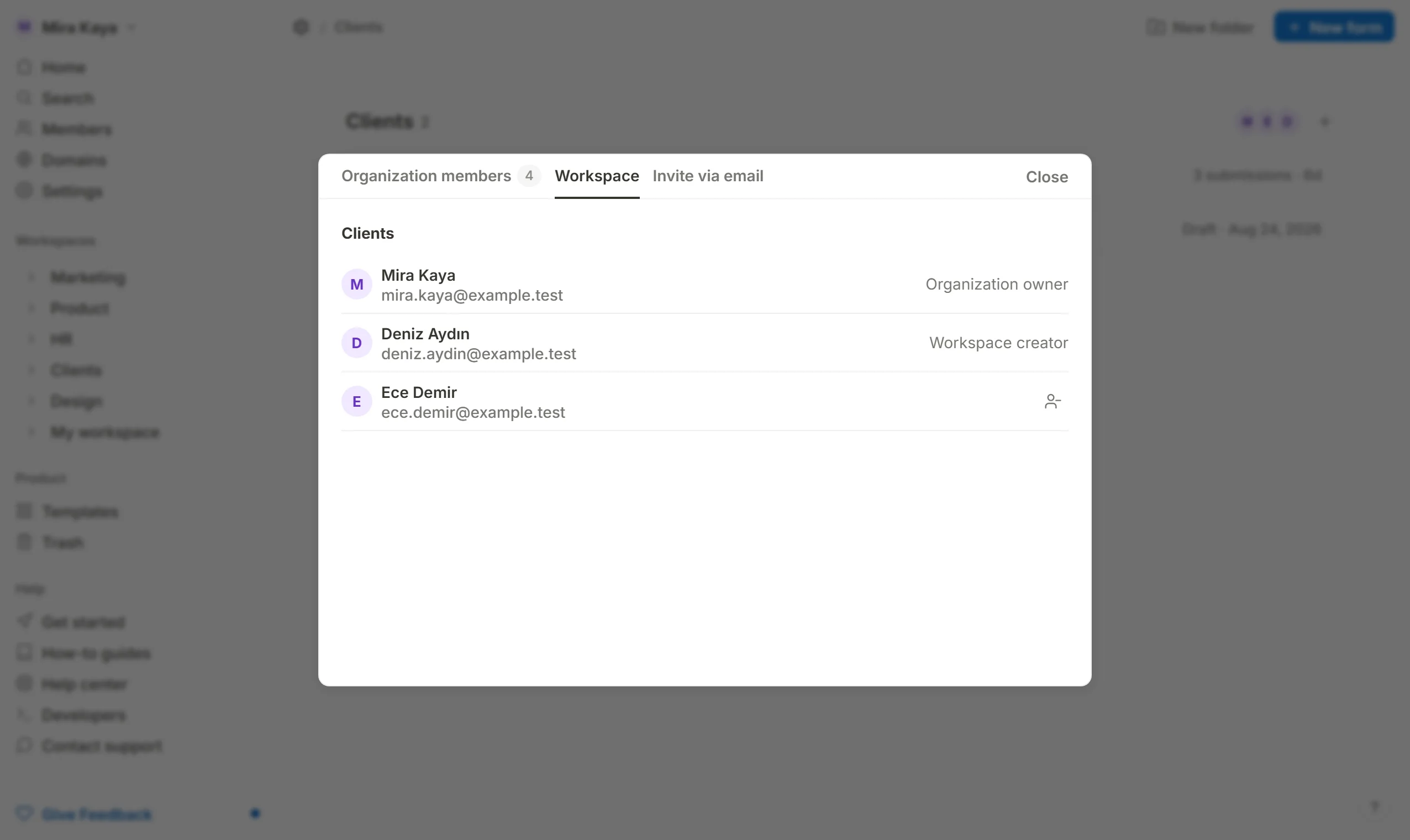The Workspace tab, where a member's row carries the Remove from workspace icon