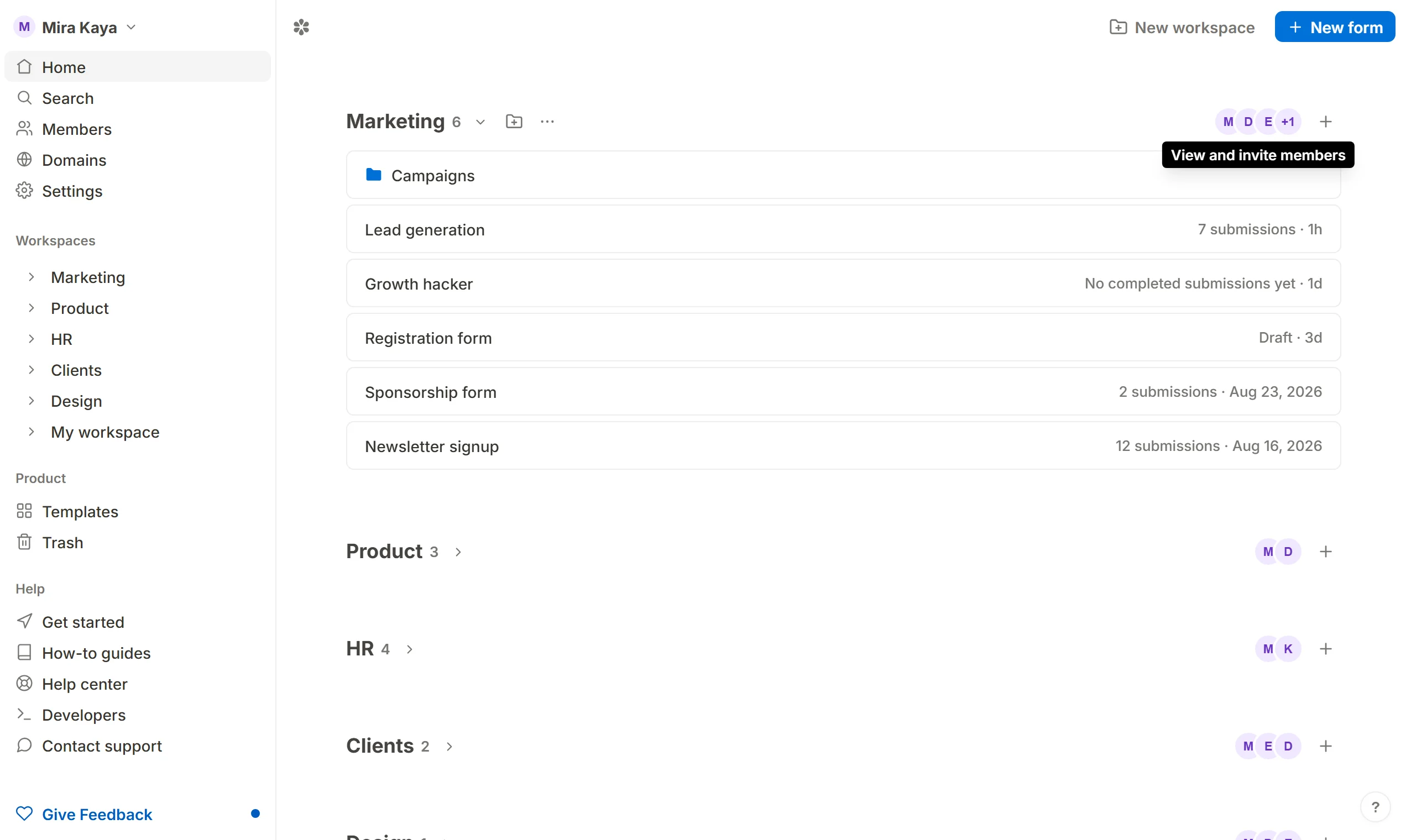 The avatar stack beside a workspace's name on the dashboard, which opens the members dialog on that workspace