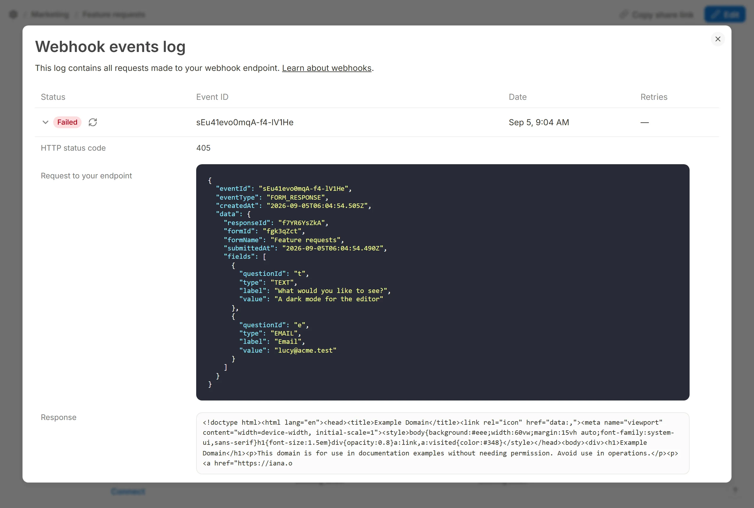 The events log, one delivery expanded to its status code, request and response