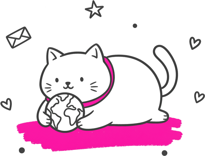 A cat holding a globe on a pink brush stroke, the upgrade page's drawing