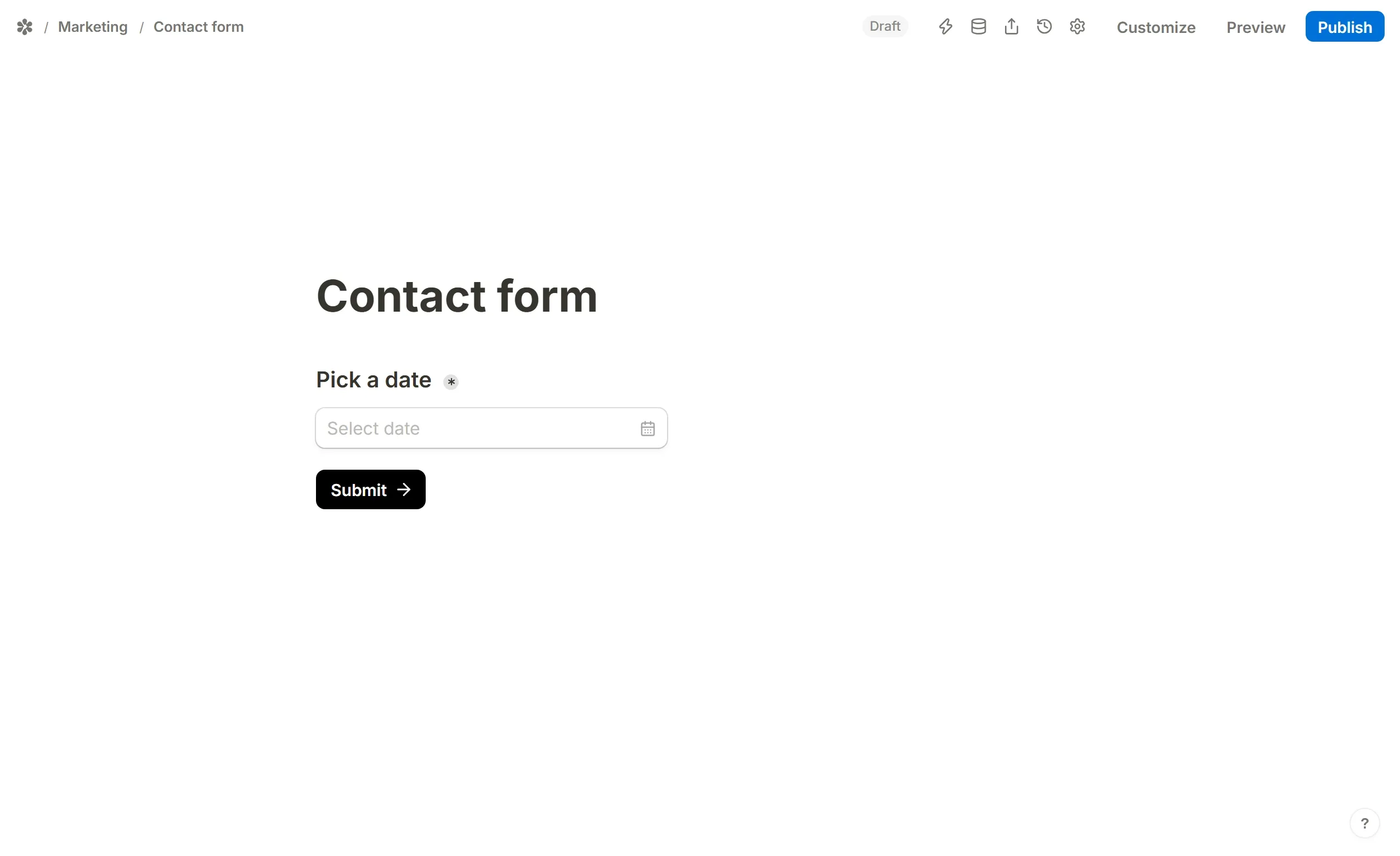 Default answer switched on in the block's settings, with Today taken from Date utilities