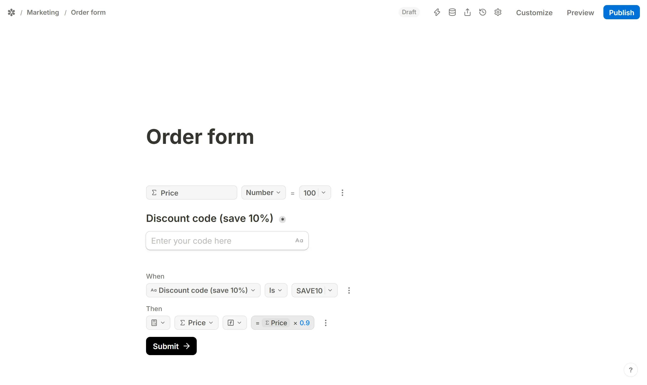 The formula editor open, with its Add, Subtract, Multiply and Divide toolbar