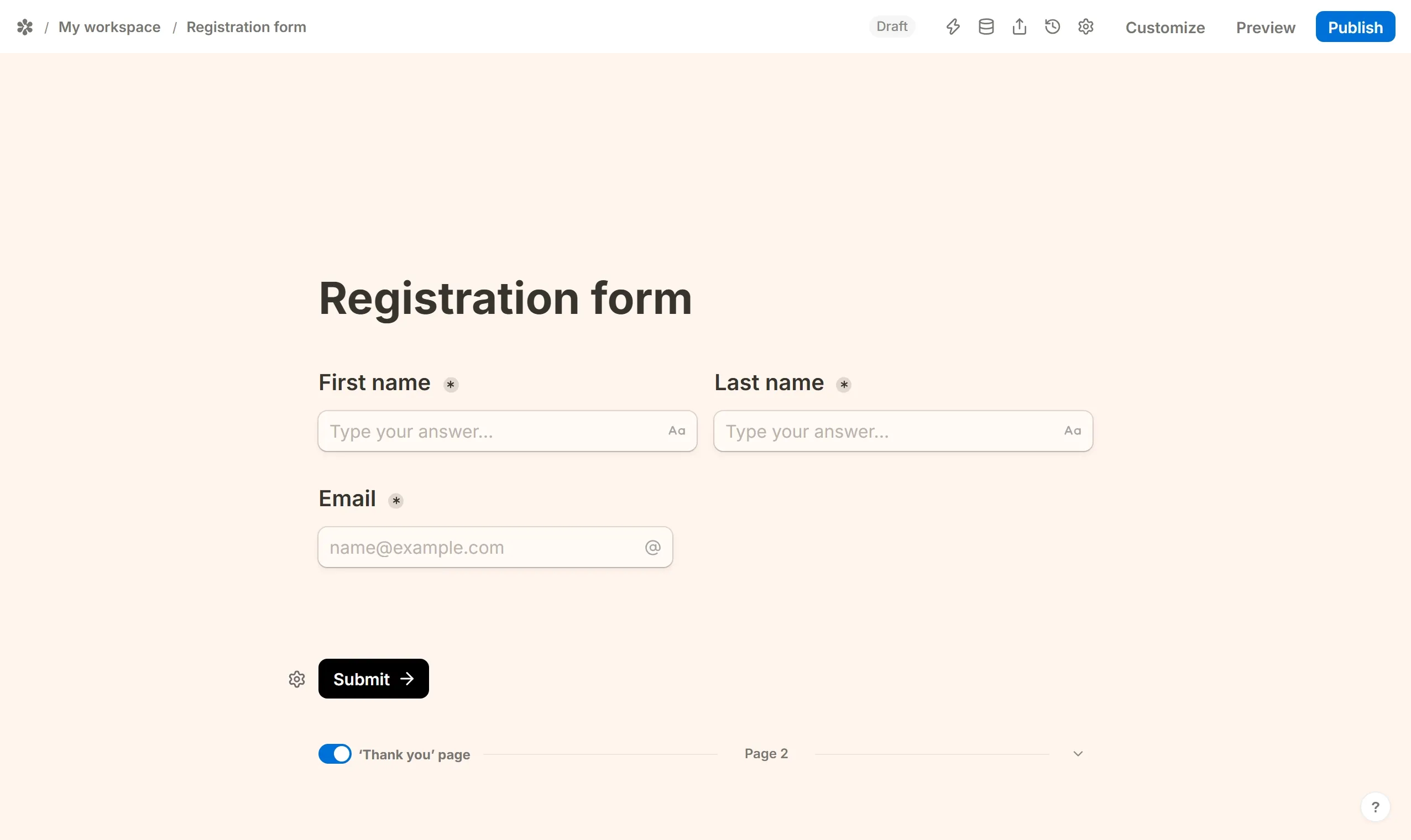 Typing /heading on an empty Thank you page, picking Heading 2, and personalising it with an @ mention of the first-name question.