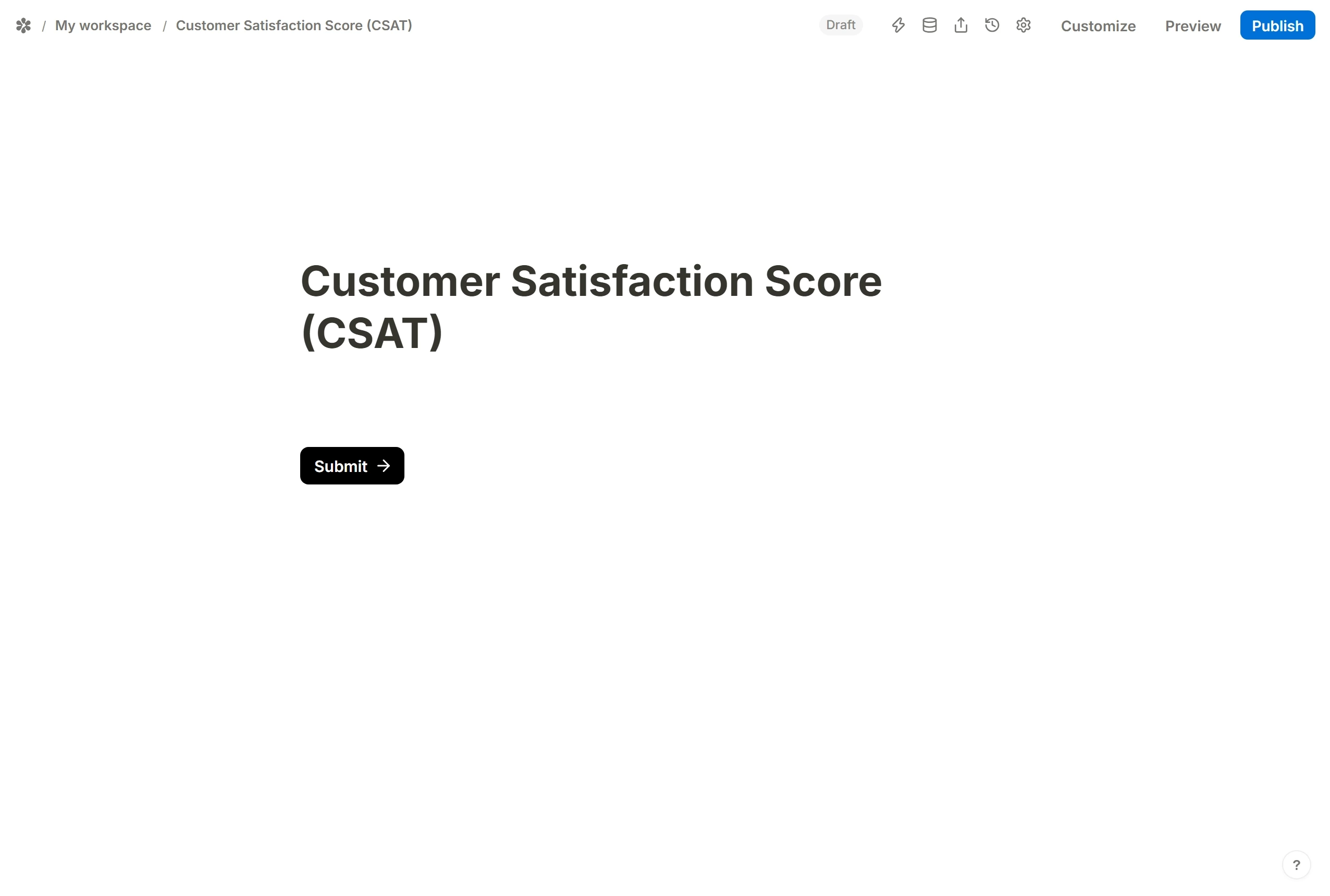 Inserting a Rating question from the slash menu and typing the standard CSAT wording above its five stars.