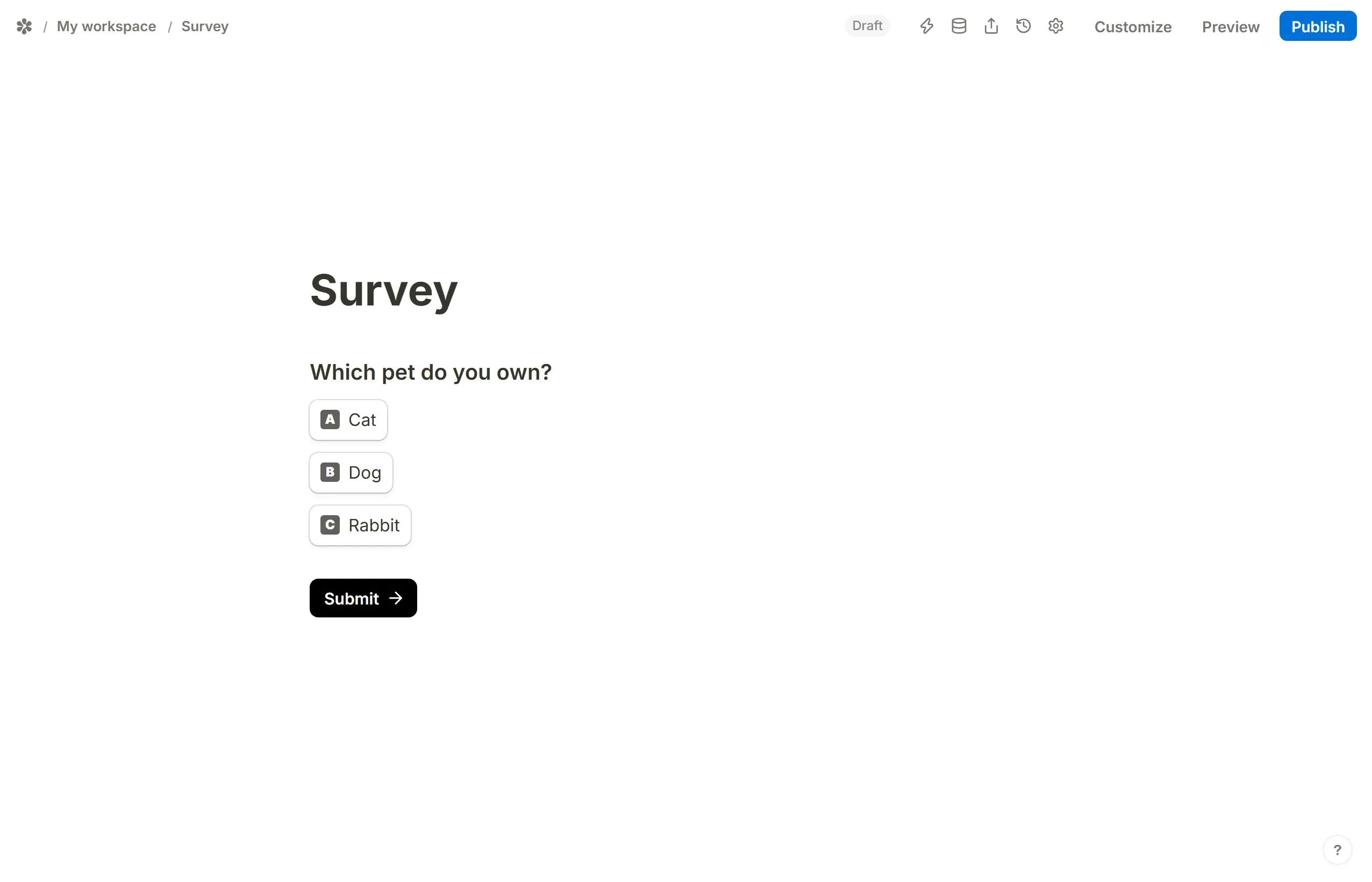 Dog typed into the Prefilled value box of a multiple choice question so that option opens already selected