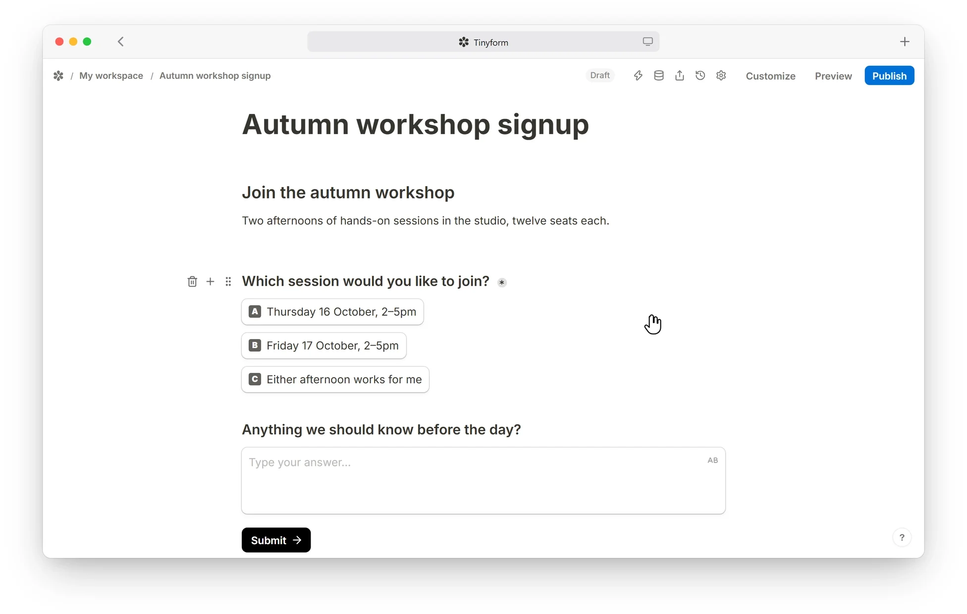 The editor: a line typed into a form, then a slash command opening the block list and dropping an email question into the page.