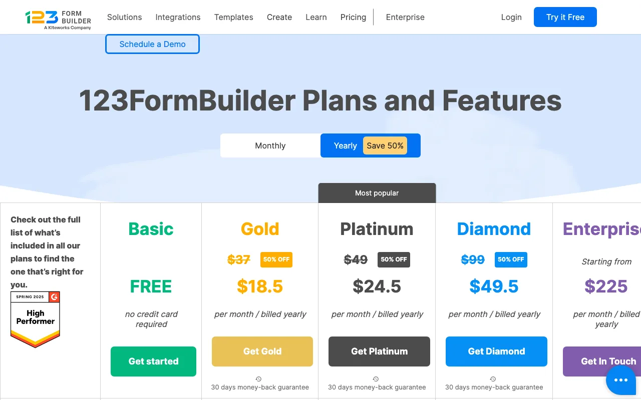 123FormBuilder plans: free Basic, then Gold, Platinum and Diamond at half price billed yearly
