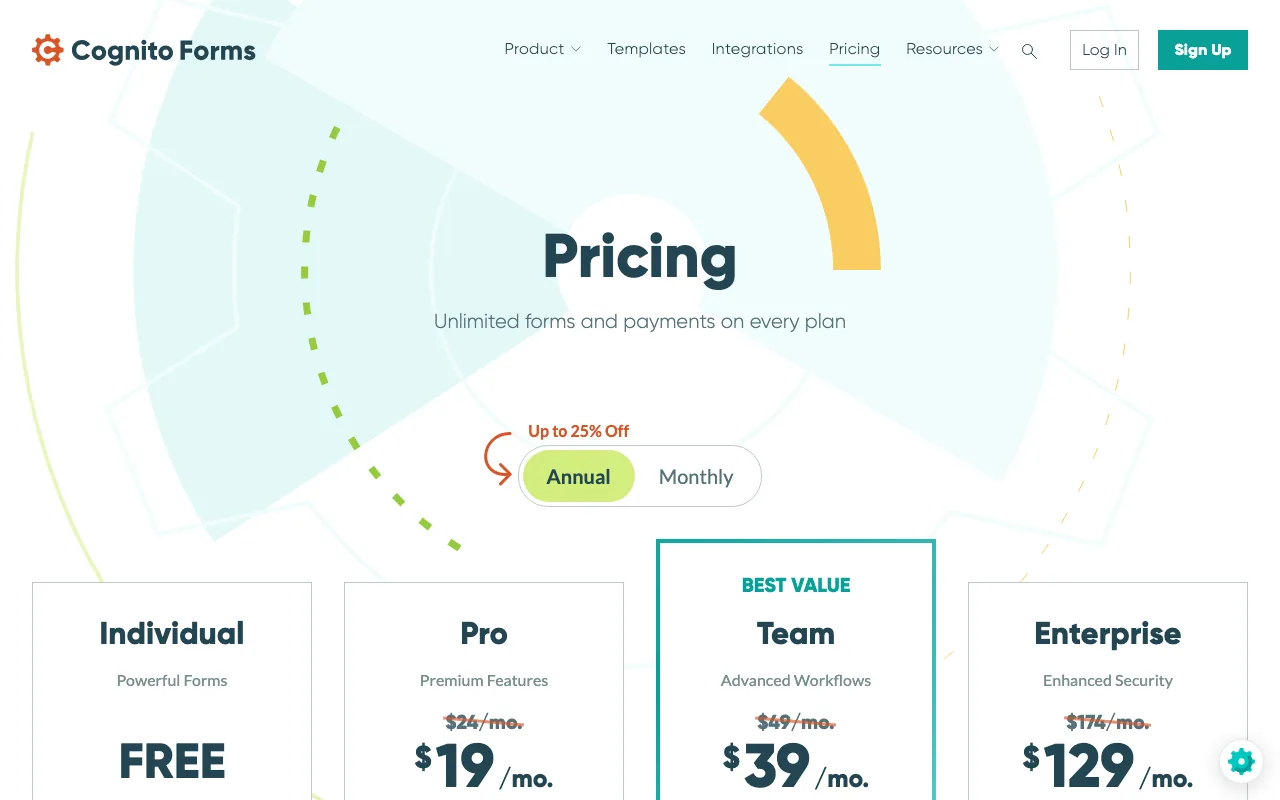 Cognito Forms pricing: free Individual plan, Pro at $19, Team at $39 and Enterprise at $129 billed yearly