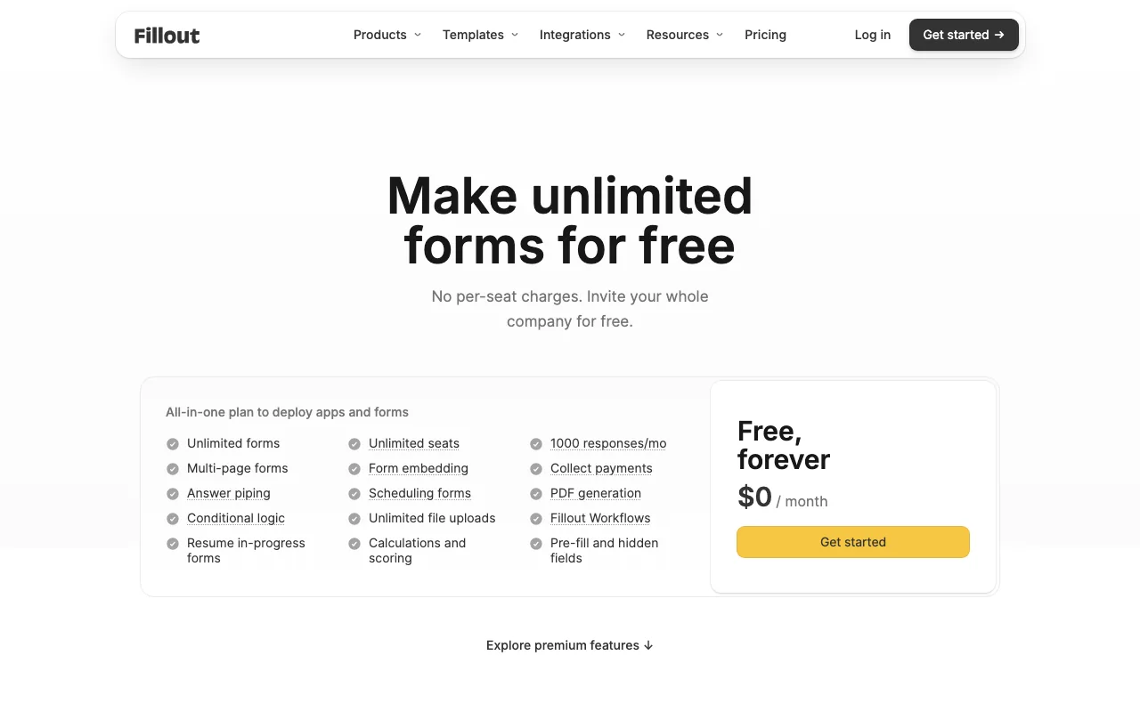 Fillout pricing page: free forever with unlimited forms and seats and 1,000 responses a month