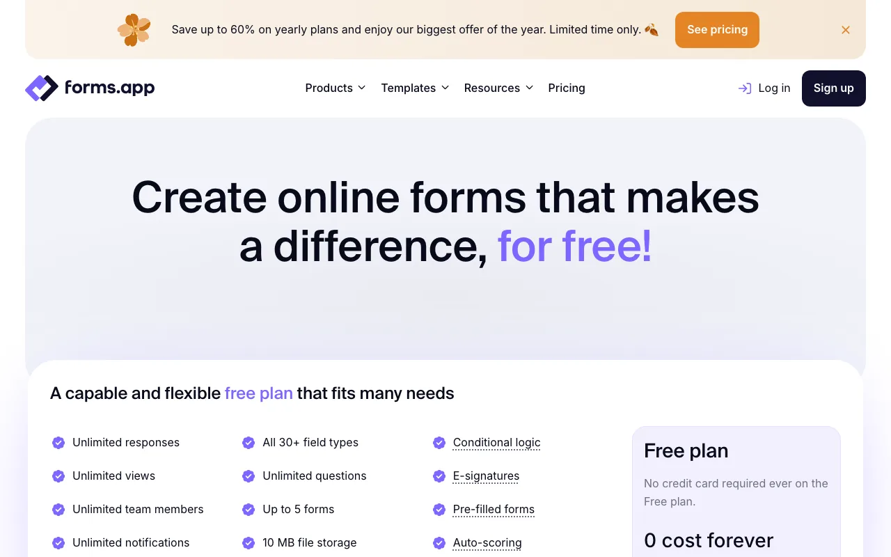 forms.app pricing page: the free plan with unlimited responses, conditional logic and up to 5 forms