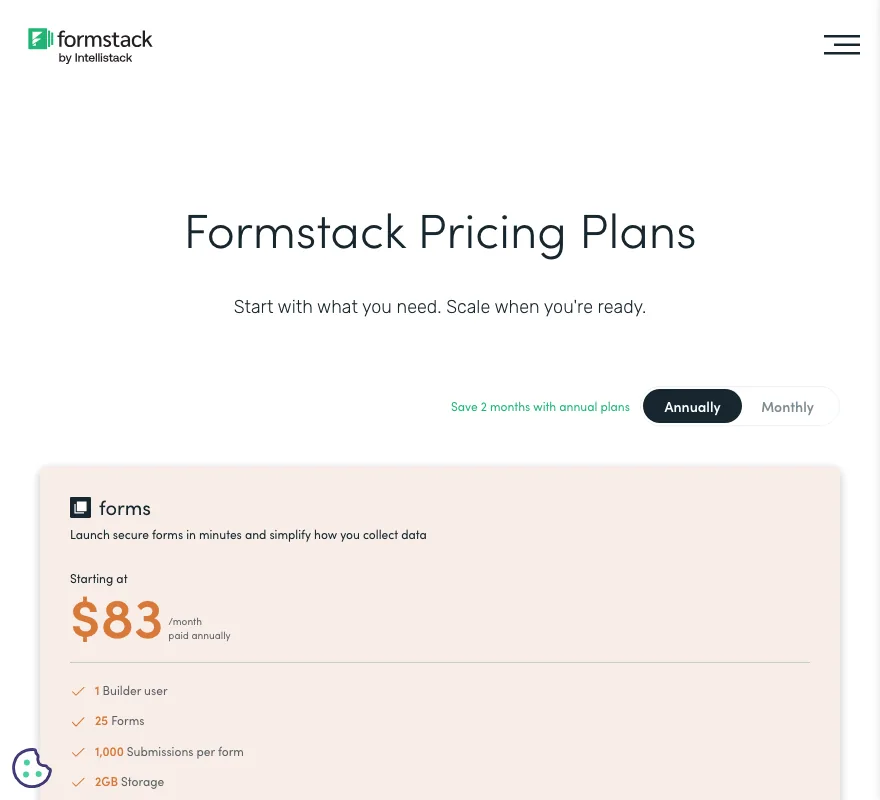 Formstack pricing: the Forms plan from $83 a month billed yearly, with 25 forms and 1 builder