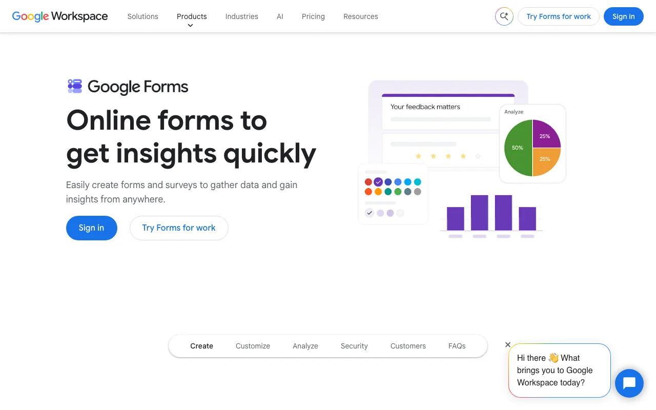 Google Forms product page on Google Workspace, with a sample feedback form and its response charts