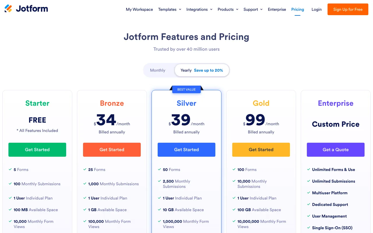 Jotform pricing: free Starter with 5 forms, then Bronze, Silver and Gold plans billed yearly
