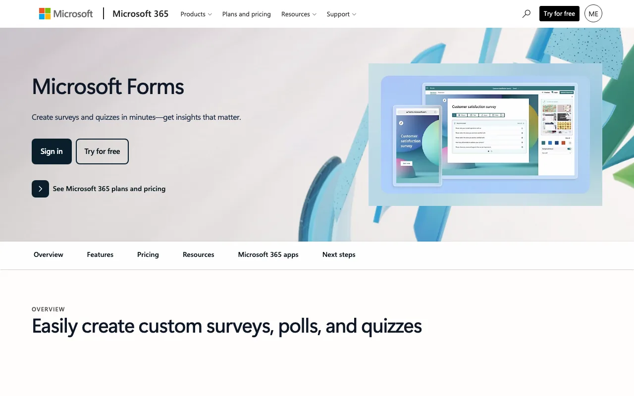 Microsoft Forms product page for creating surveys, polls and quizzes in Microsoft 365