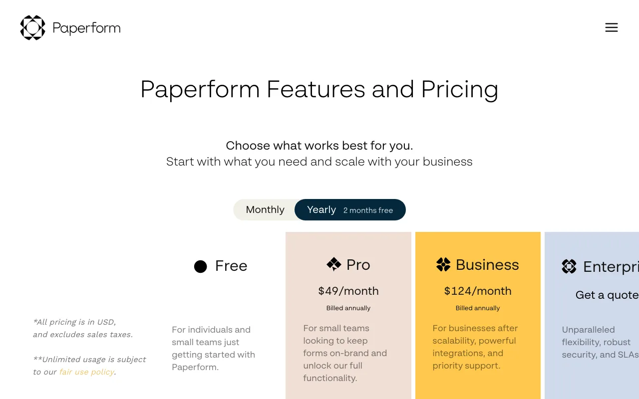 Paperform pricing: Free, Pro at $49 a month and Business at $124 a month, billed yearly