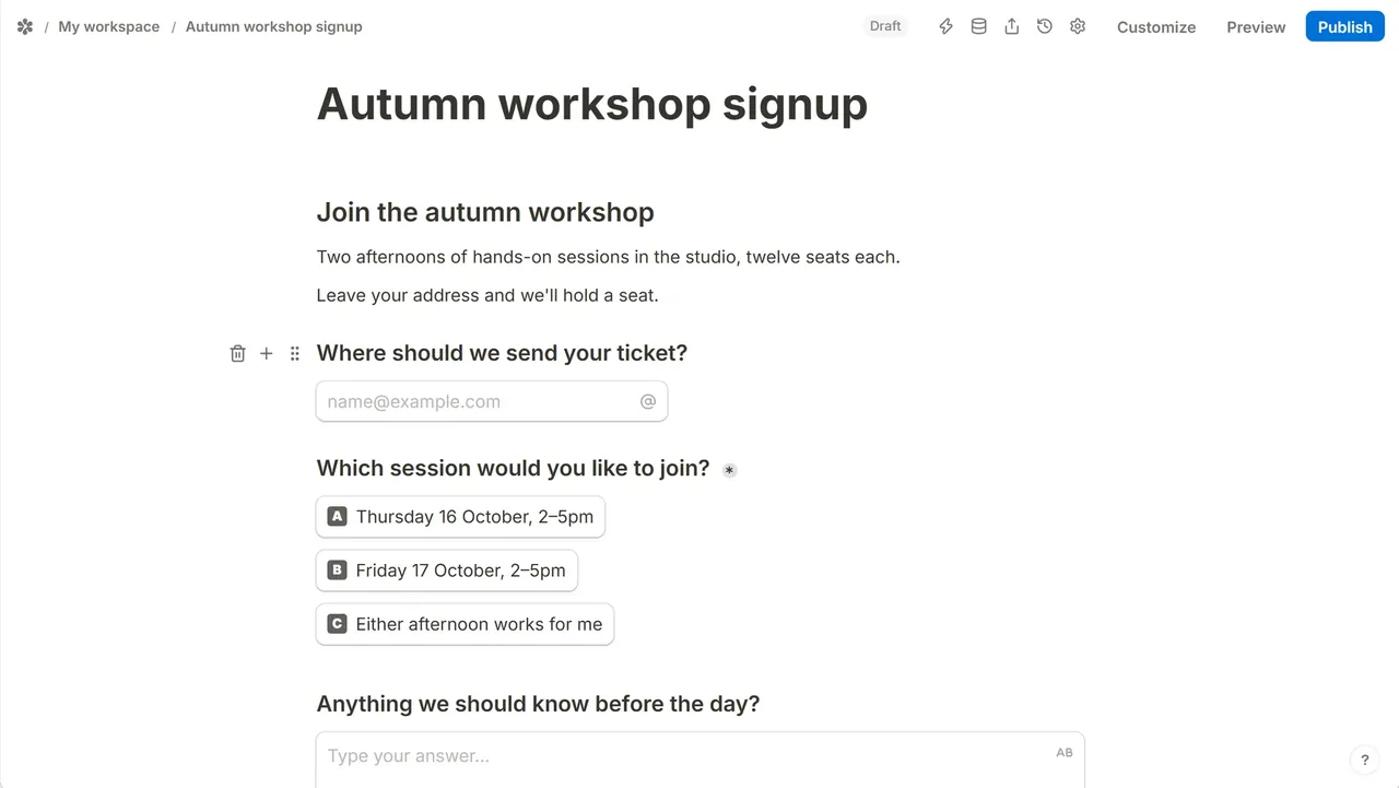 tinyform form editor: a workshop signup written like a document, with an email question and a choice of sessions