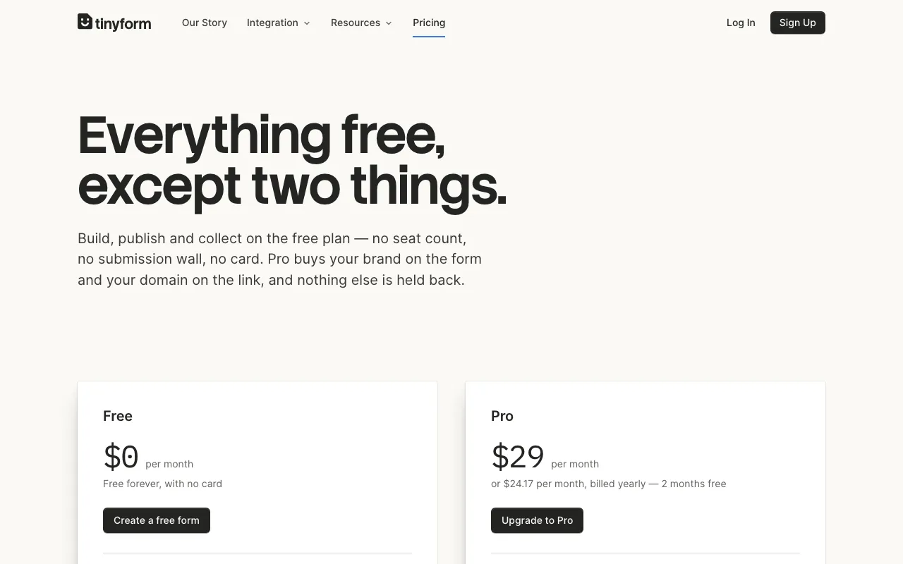 tinyform pricing page: a free plan at $0 with no card, and Pro at $29 a month or $24.17 billed yearly
