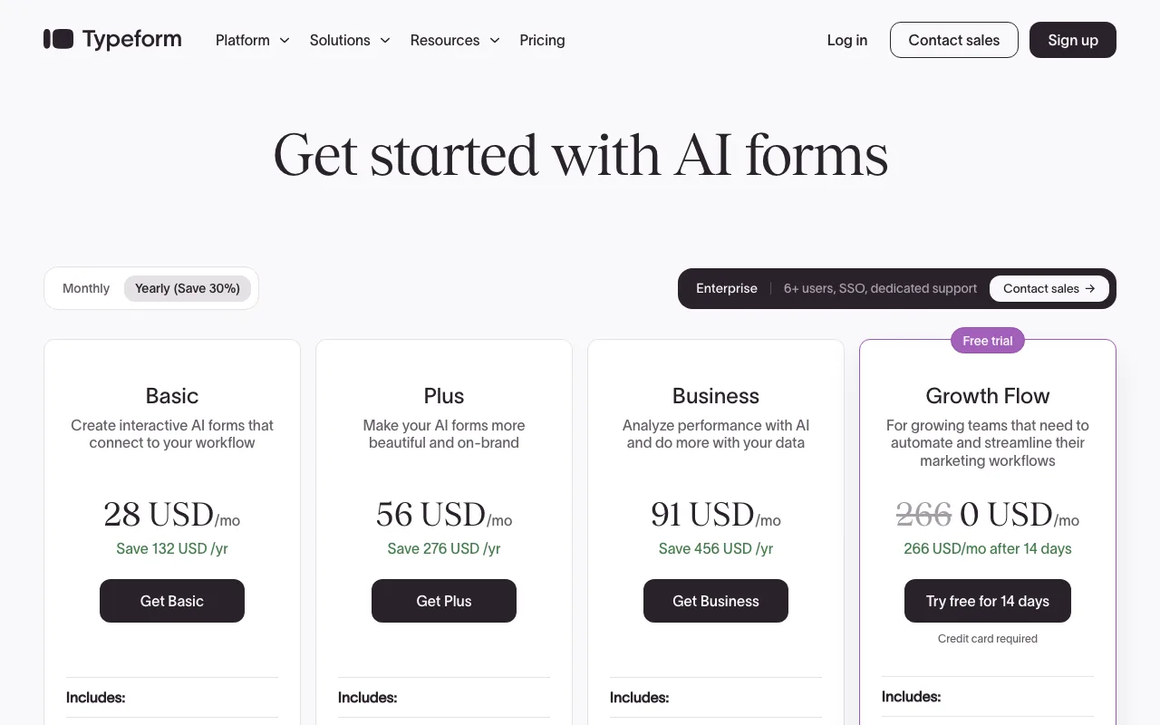Typeform pricing: Basic, Plus, Business and Growth Flow plans, from $28 a month billed yearly