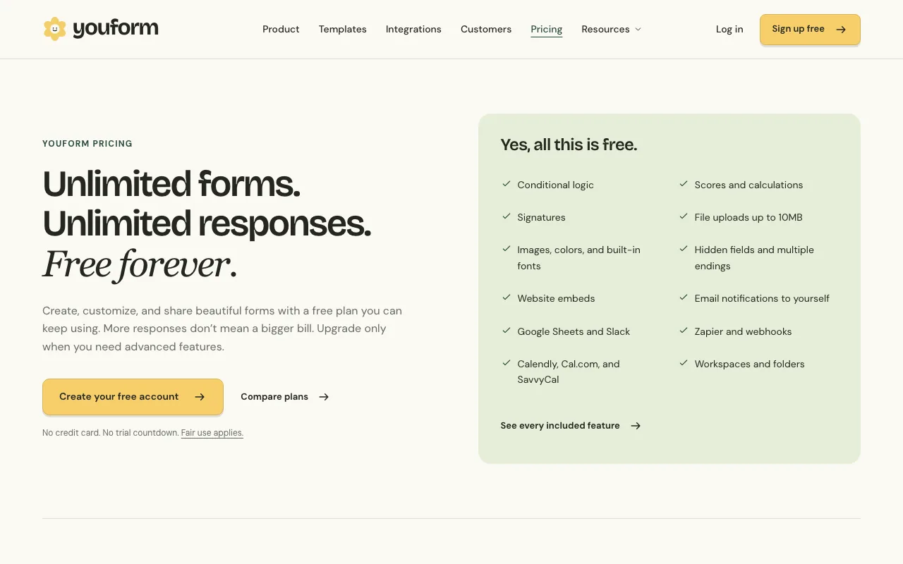 Youform pricing page listing unlimited free forms and responses, Google Sheets, Zapier and webhooks